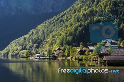 View Of Hallstatt From Hallstatt Lake Stock Photo