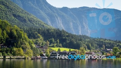 View Of Hallstatt From Hallstatt Lake Stock Photo