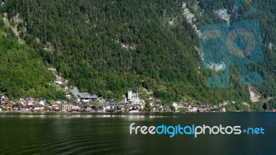 View Of Hallstatt From Hallstatt Lake Stock Photo