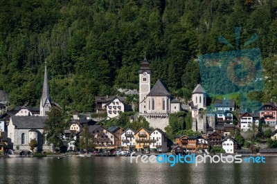 View Of Hallstatt From Hallstatt Lake Stock Photo