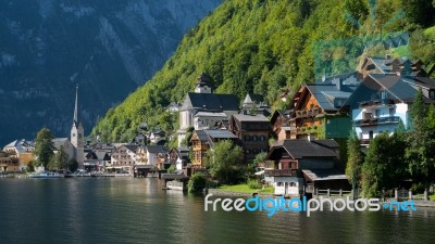 View Of Hallstatt From Hallstatt Lake Stock Photo