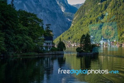 View Of Hallstatt From Hallstatt Lake Stock Photo