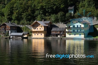 View Of Hallstatt From Hallstatt Lake Stock Photo