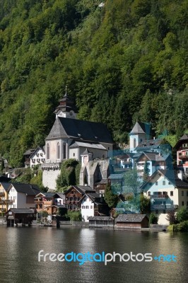 View Of Hallstatt From Hallstatt Lake Stock Photo