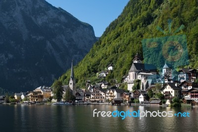 View Of Hallstatt From Hallstatt Lake Stock Photo