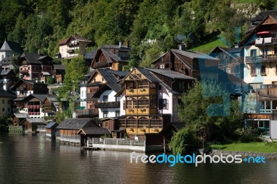 View Of Hallstatt From Hallstatt Lake Stock Photo