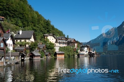 View Of Hallstatt From Hallstatt Lake Stock Photo