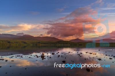 View Of Loch Morlich At Sunset Stock Photo