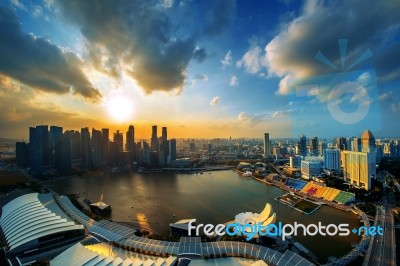 View Of Marina Bay Sand And Center Of Business In Singapore At Sunset Stock Photo