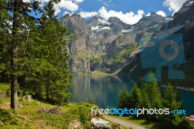 View Of Oeschinensee (oeschinen) Lake Whrer Is Unesco World Heri… Stock Photo