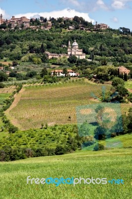 View Of San Biagio Church And Montepulciano Stock Photo