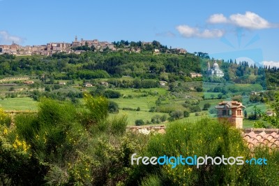 View Of San Biagio Church And Montepulciano In Tuscany Stock Photo