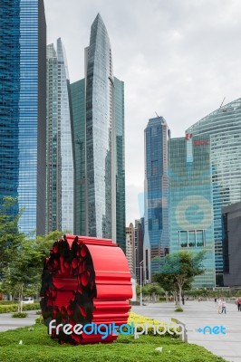 View Of Skyscrapers And Modern Art In Singapore Stock Photo