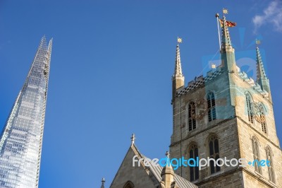 View Of Southwark Cathedral And The Shard In London Stock Photo