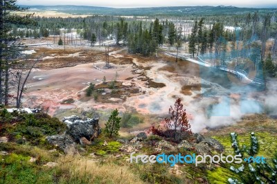 View Of The Artist Paint Pots In Yellowstone Stock Photo