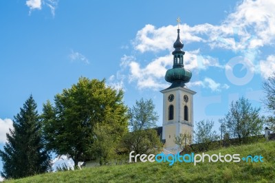 View Of The Catholic Church In Attersee Stock Photo