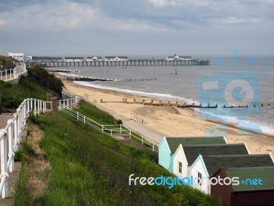 View Of The Coastline And Pier At Southwold Stock Photo