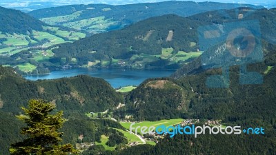 View Of The Countryside From Zwölferhorn Mountain Stock Photo