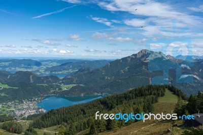 View Of The Countryside From Zwölferhorn Mountain Stock Photo