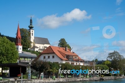 View Of The Evangelical Parish Church In Attersee Stock Photo