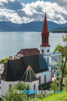 View Of The Evangelical Parish Church In Attersee Stock Photo