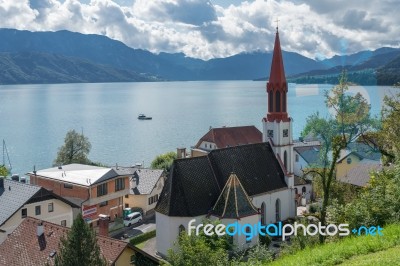 View Of The Evangelical Parish Church In Attersee Stock Photo