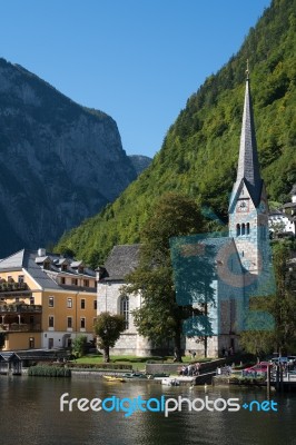 View Of The Evangelical Parish Church In Hallstatt Stock Photo