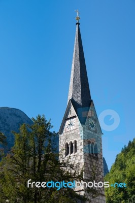 View Of The Evangelical Parish Church In Hallstatt Stock Photo