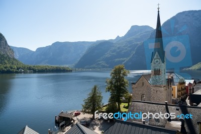 View Of The Evangelical Parish Church In Hallstatt Stock Photo