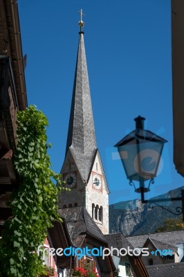 View Of The Evangelical Parish Church In Hallstatt Stock Photo