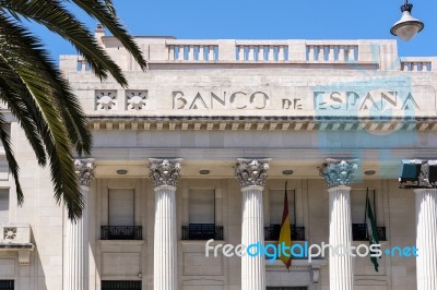 View Of The Exterior Of The Banco Espana Building In Malaga Stock Photo