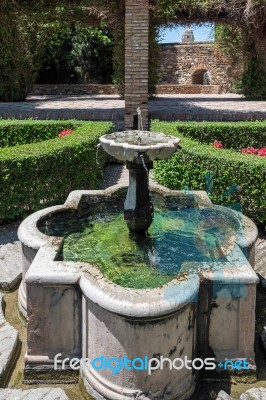 View Of The Fountain In The Alcazaba Fort And Palace Gardens In Stock Photo