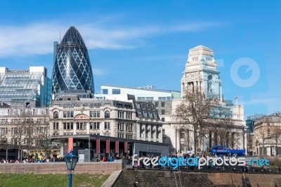 View Of The Gherkin And Cenotaph Buildings In London Stock Photo