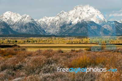 View Of The Grand Teton Mountain Range Stock Photo