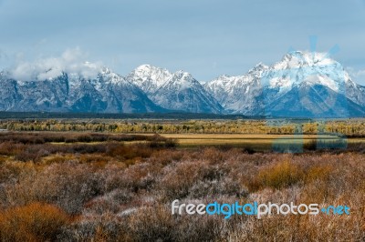 View Of The Grand Teton Mountain Range Stock Photo