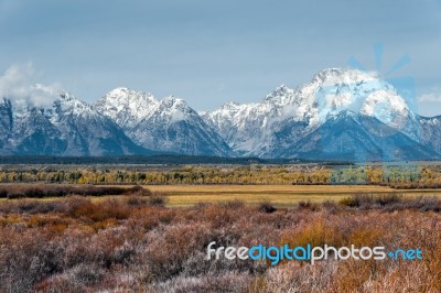 View Of The Grand Teton Mountain Range Stock Photo