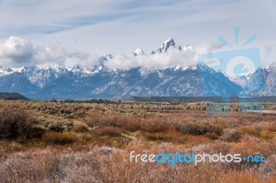 View Of The Grand Teton Mountain Range Stock Photo