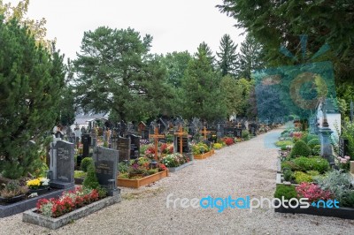 View Of The Graveyard At The Parish Church Of St. Georgen Stock Photo