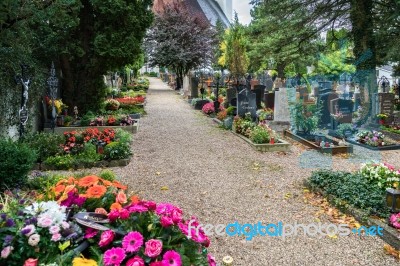 View Of The Graveyard At The Parish Church Of St. Georgen Stock Photo