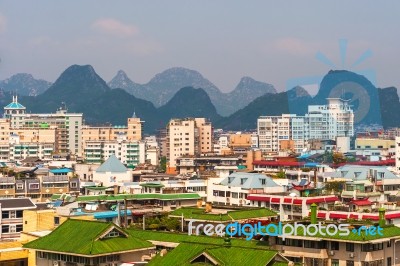 View Of The Guilin City And The Karst Mountains At The Backgroun… Stock Photo