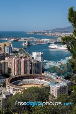 View Of The Harbour Area And Bullring In Malaga Stock Photo