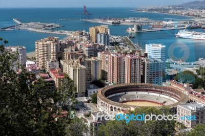 View Of The Harbour Area And Bullring In Malaga Stock Photo