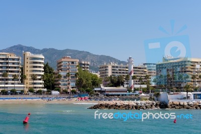 View Of The Lighthouse In Malaga Stock Photo