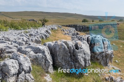 View Of The Limestone Pavement Near The Village Of Conistone In Stock Photo