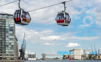 View Of The London Cable Car Over The River Thames Stock Photo