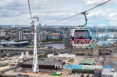 View Of The London Cable Car Over The River Thames Stock Photo