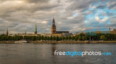 View Of The Old Town Of Riga From The River Side Stock Photo