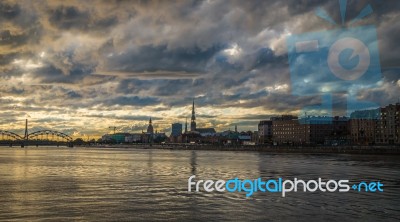 View Of The Old Town Of Riga From The River Side Stock Photo