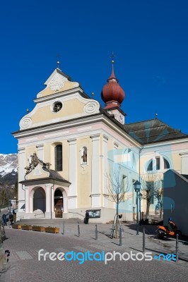 View Of The Parish Church In Ortisei Stock Photo