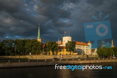 View Of The Riga Castle From The Riverside Stock Photo